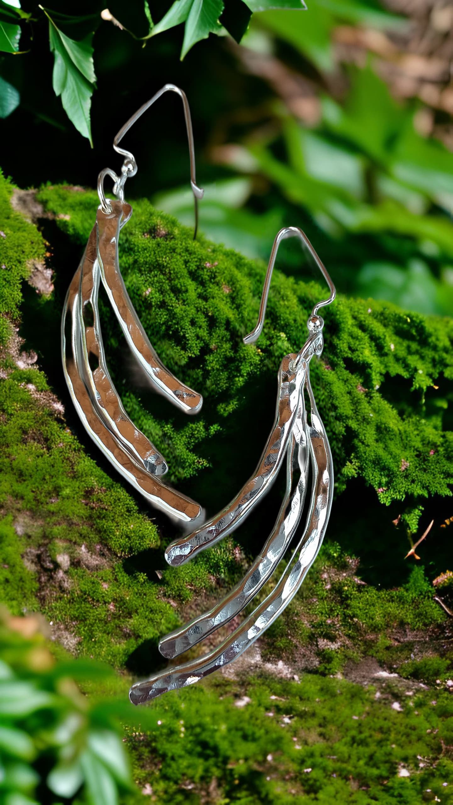 Curved Hammered Long TriBar Earrings by Moss Creek Art