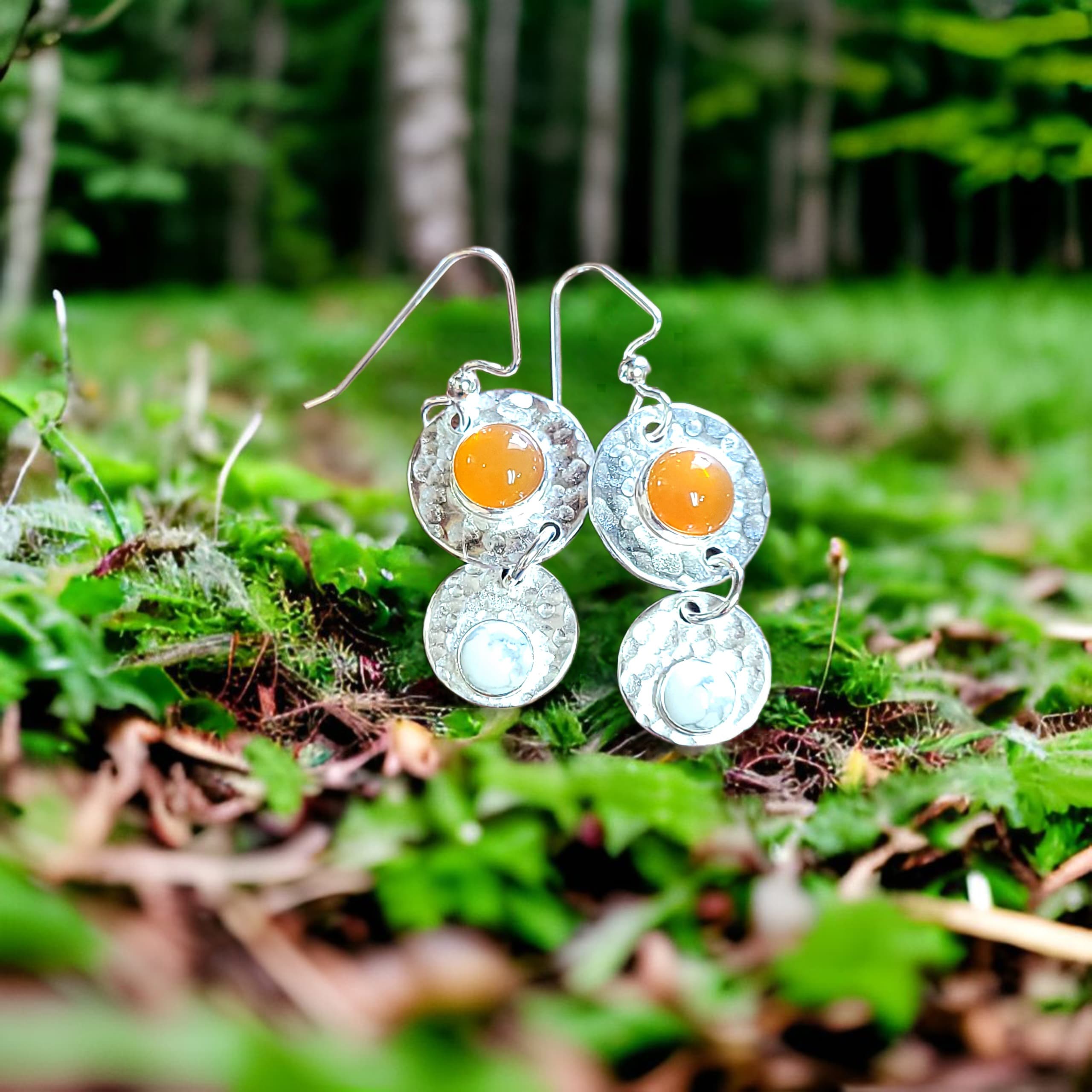 Fire Opal and Howlite Sterling Earrings by Moss Creek Art