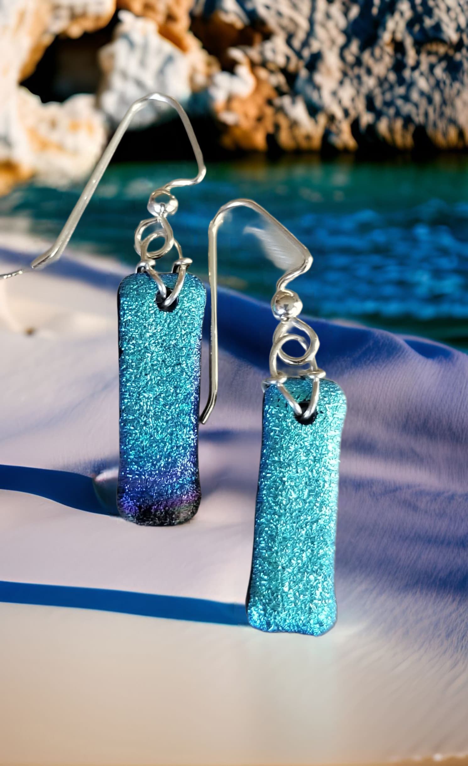 Blue on Black Dichroic Sterling Earrings by Moss Creek Art